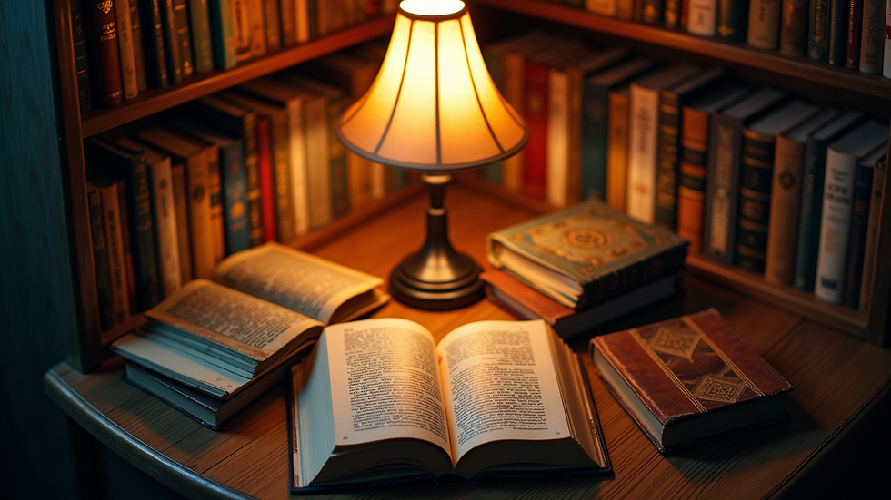 High angle view of a cozy reading corner with fantasy books and a glowing lamp