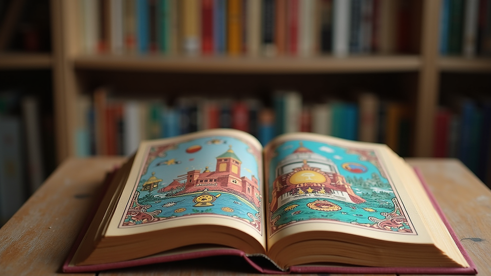 Eye-level view of a colorful fantasy book cover on a wooden table