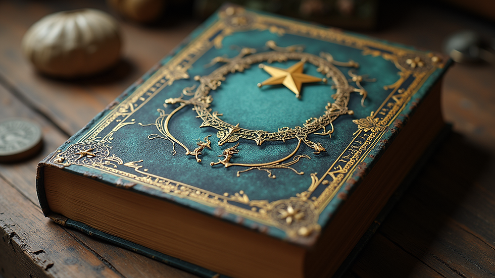 Close-up of a fantasy book cover with intricate artwork