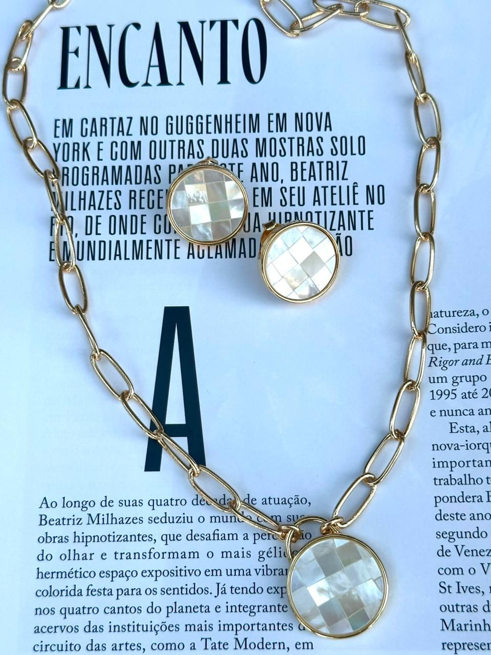 Miniatura: Conjunto brincos e colar em madrepérola mosaico