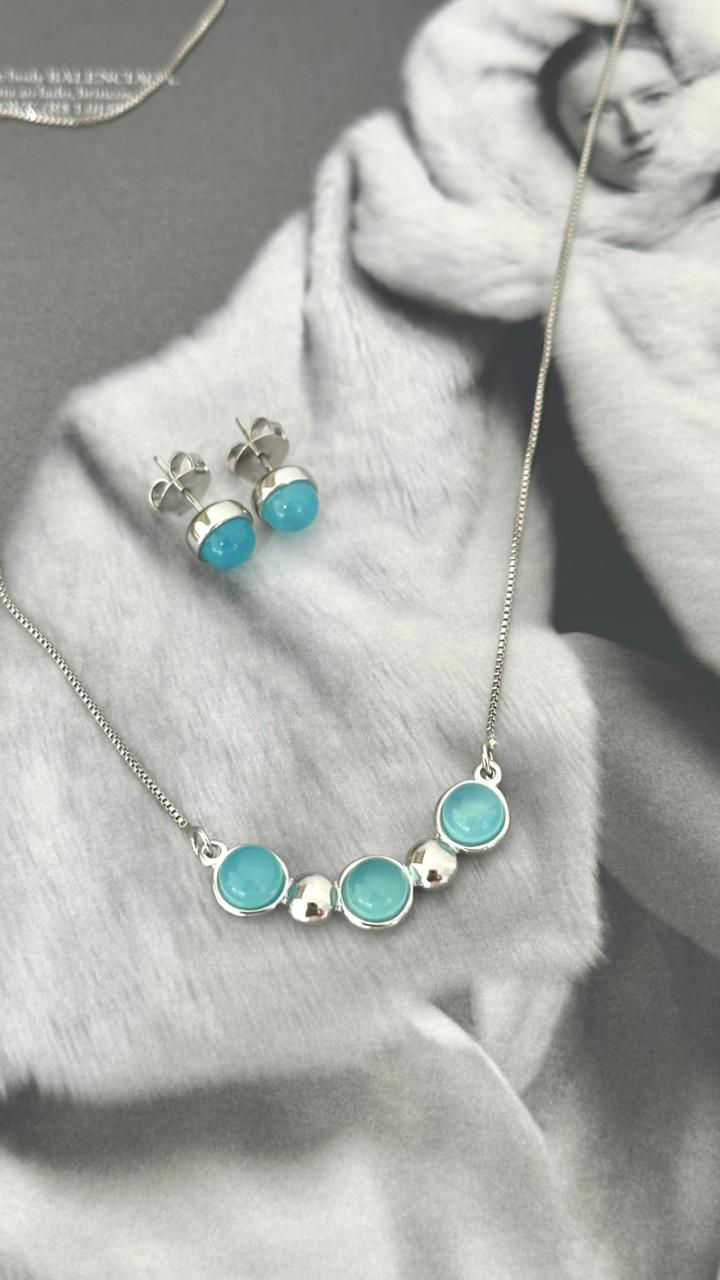 Miniatura: Conjunto brincos e colar em ródio Ágata azul céu