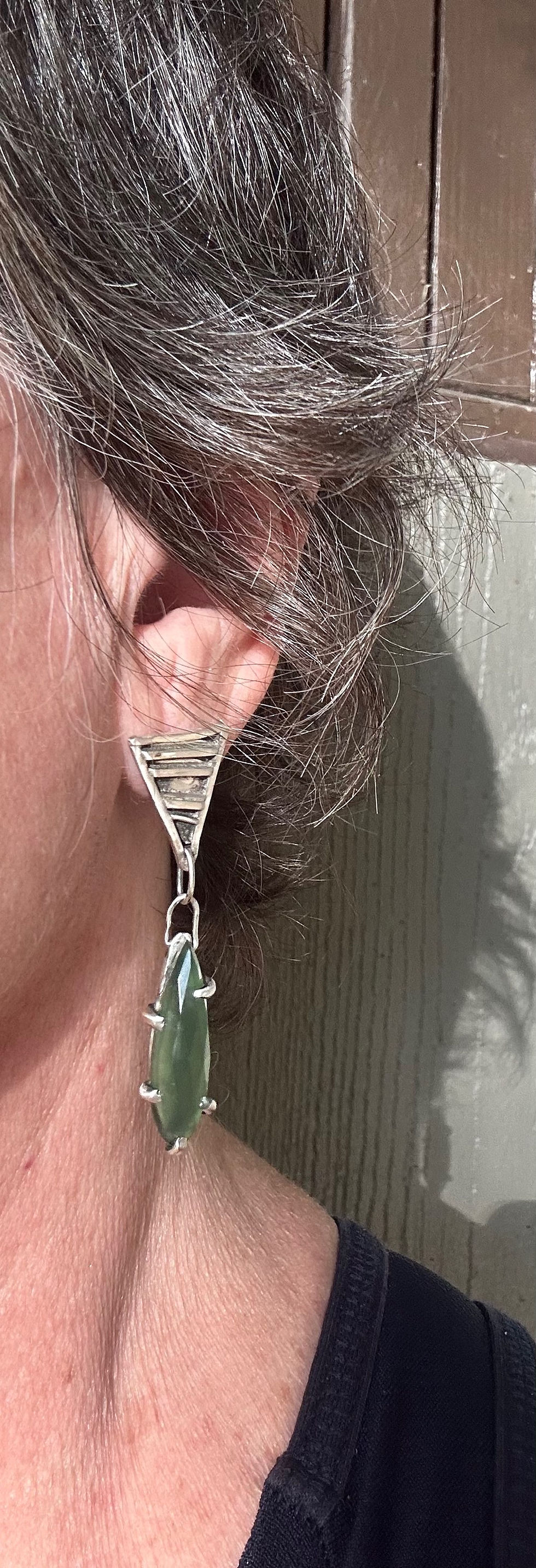 Thumbnail: Green Serpentine Lines and Prongs sterling Earrings