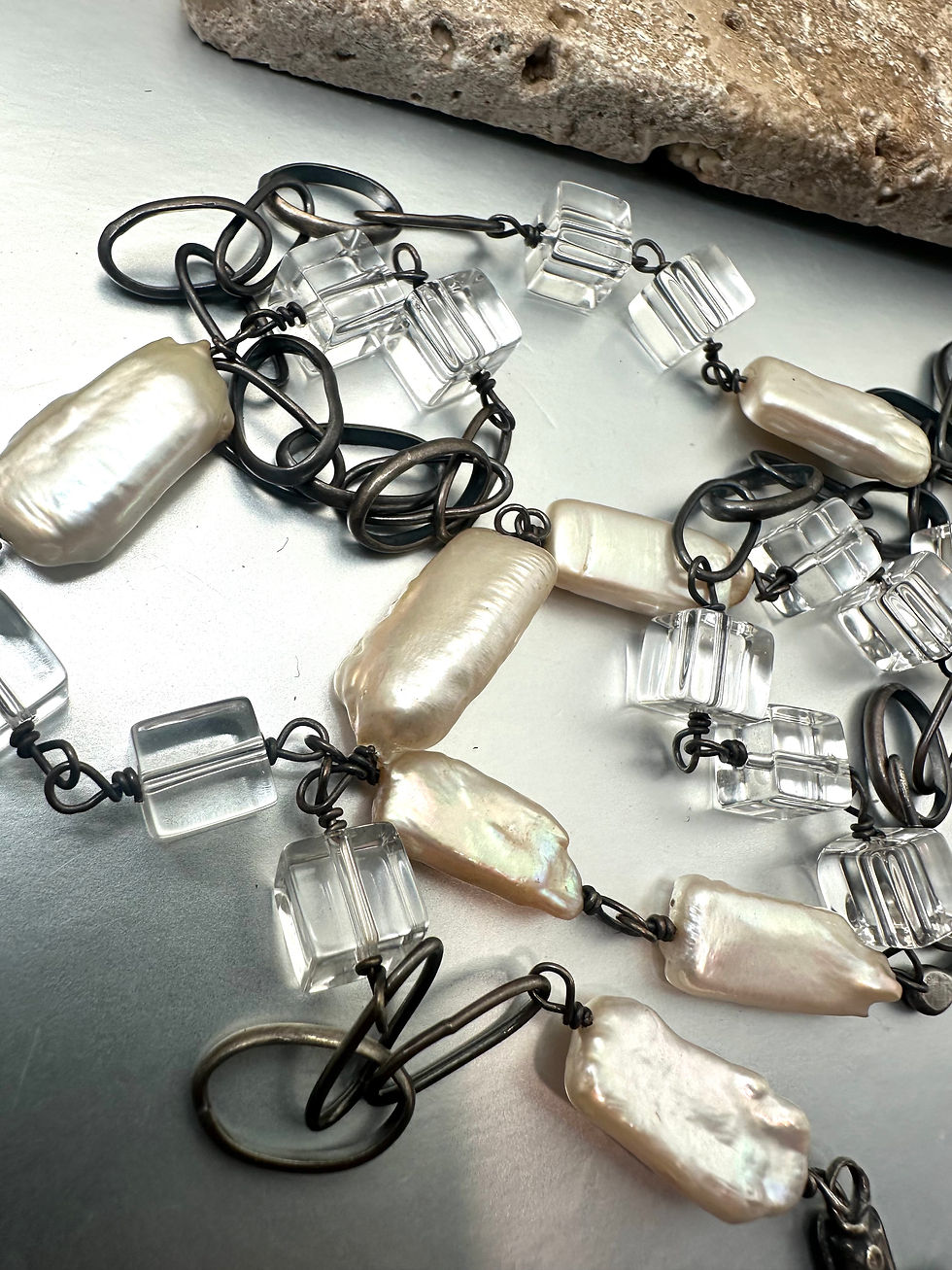 Thumbnail: Creamy Freshwater Pearl and Sterling Silver chain long necklace
