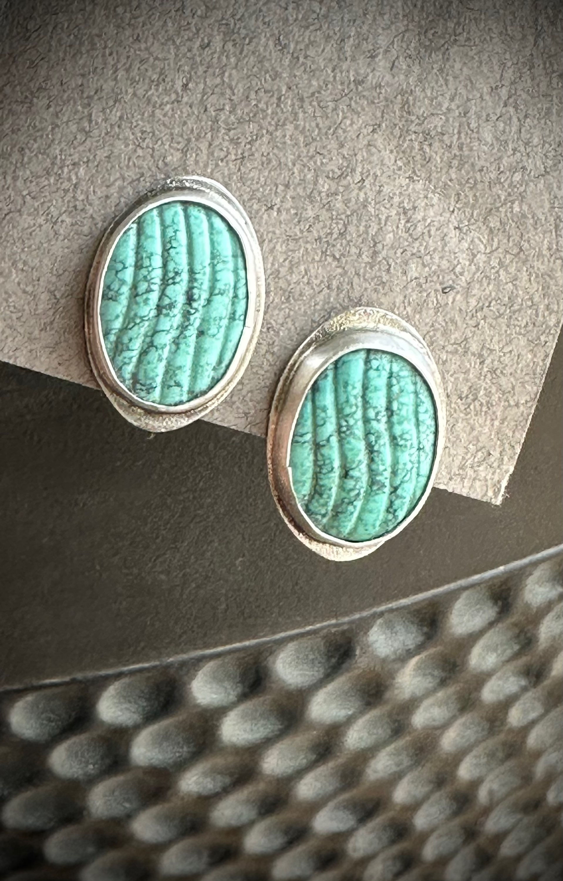 Carved oval Turquoise Stud Earrings in Sterling Silver