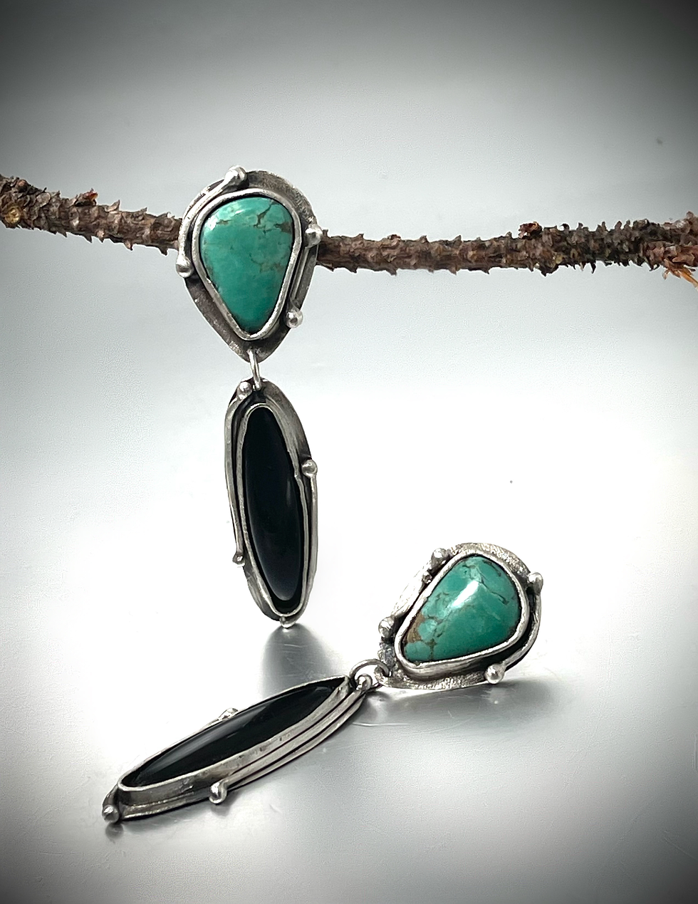 Thumbnail: Beyond Sexy Turquoise and Onyx post and dangle earrings in sterling silver