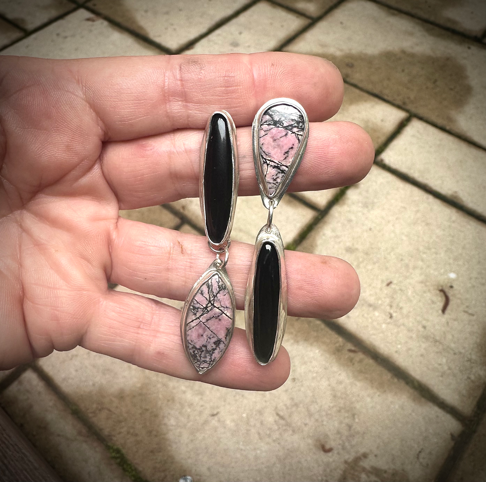 Thumbnail: Asymetrical Rhodonite and Onyx Earrings 