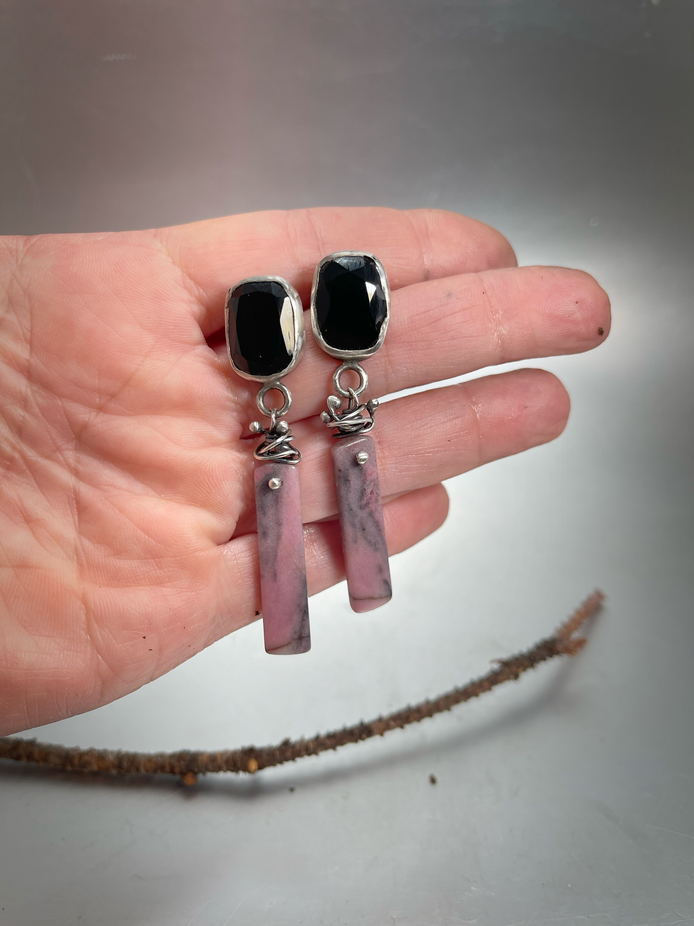 Thumbnail: Black Spinel and Imperial Rhodonite Post and Dangle Earrings