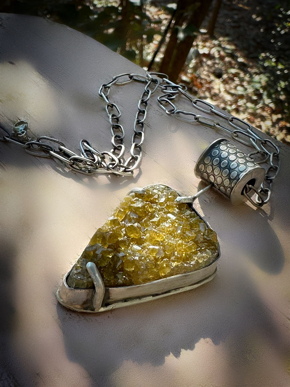 Yellow Barite Drusy Pendant and handmade Sterling Chain