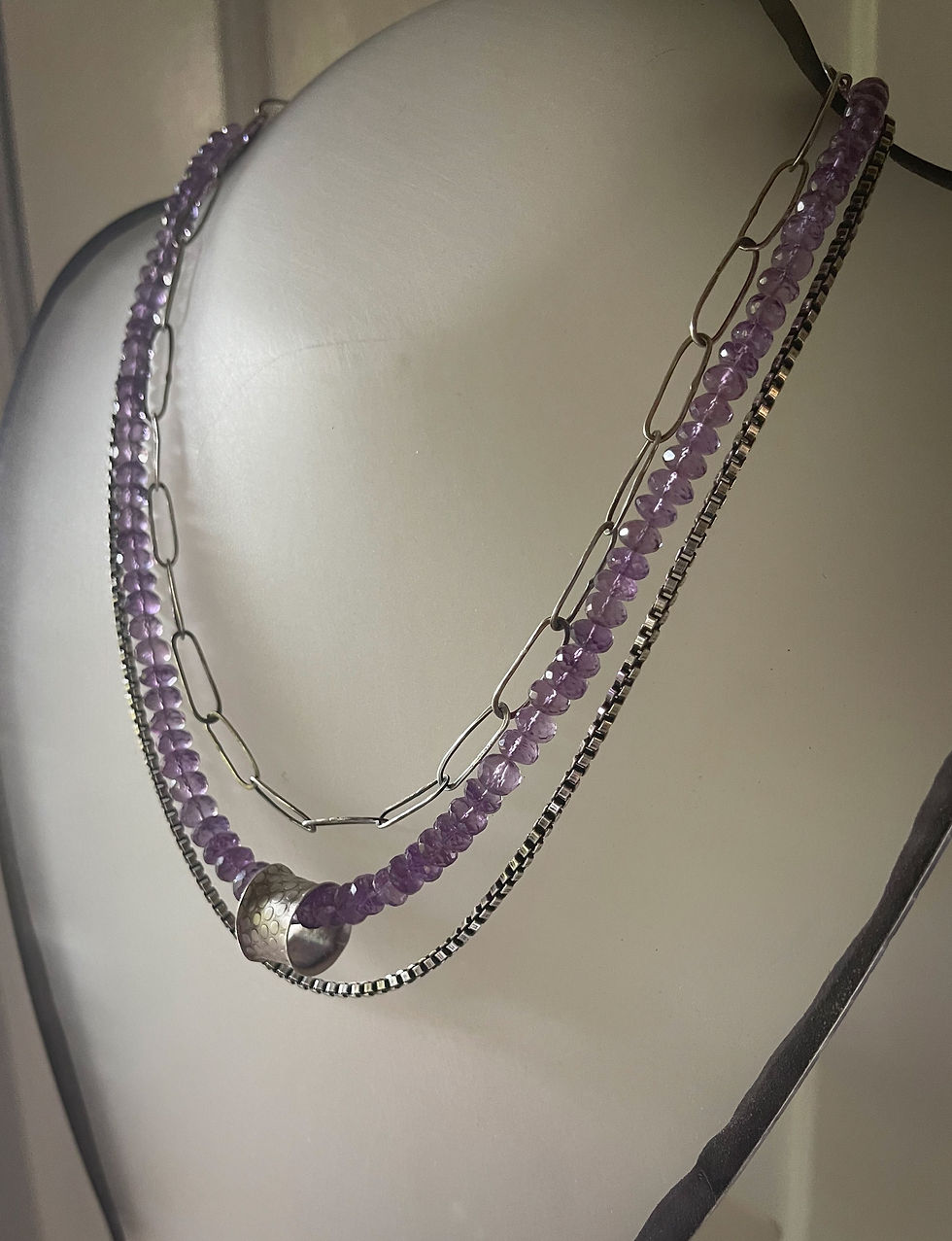 Thumbnail: Amethyst and sterling three strand adjustable Necklace