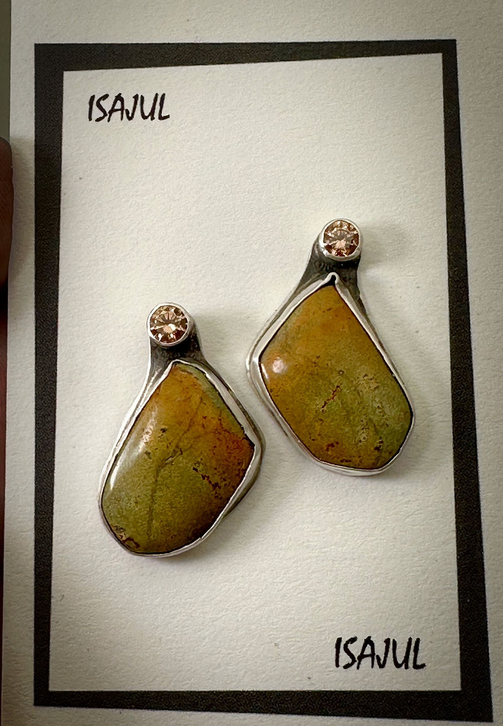 Thumbnail: Green Turquoise with light brown sparkly CZ set in sterling post earrings