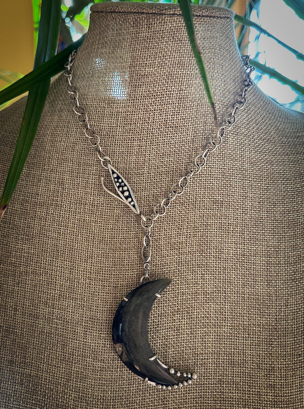 Thumbnail: Gold Sheen Obsidian Moon pendant and chain in sterling