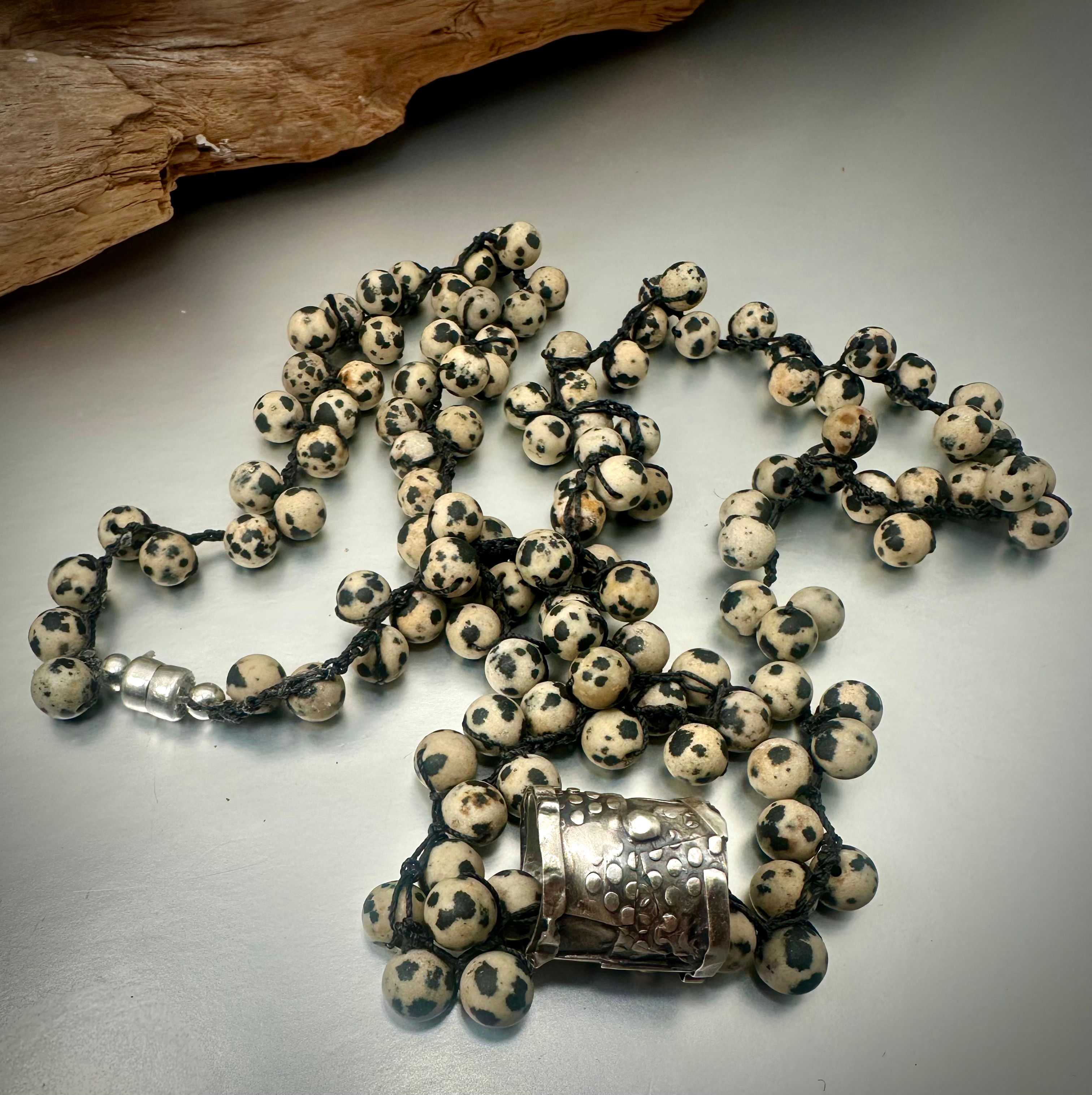 Long Crochet Dalmation Jasper and Sterling Silver Necklace