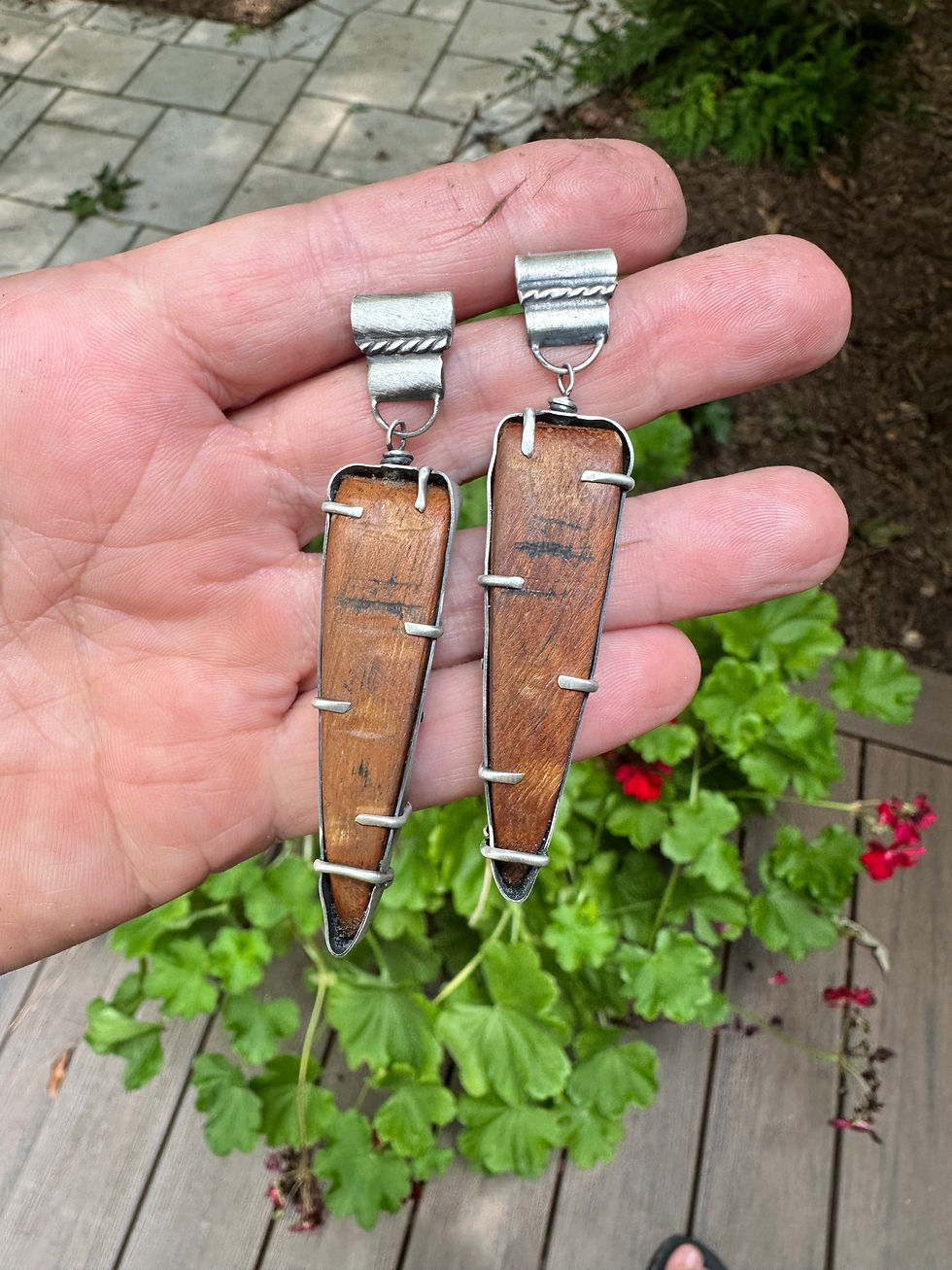 Thumbnail: Silver Wood Post and Dangle Earrings