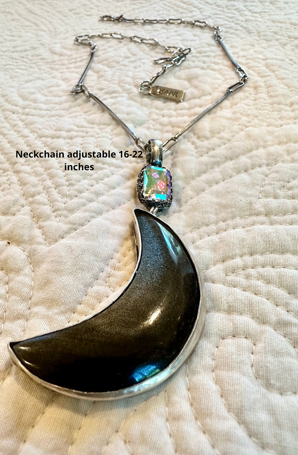 Thumbnail: Black Obsidian moon and sterling neckwire or chain 
