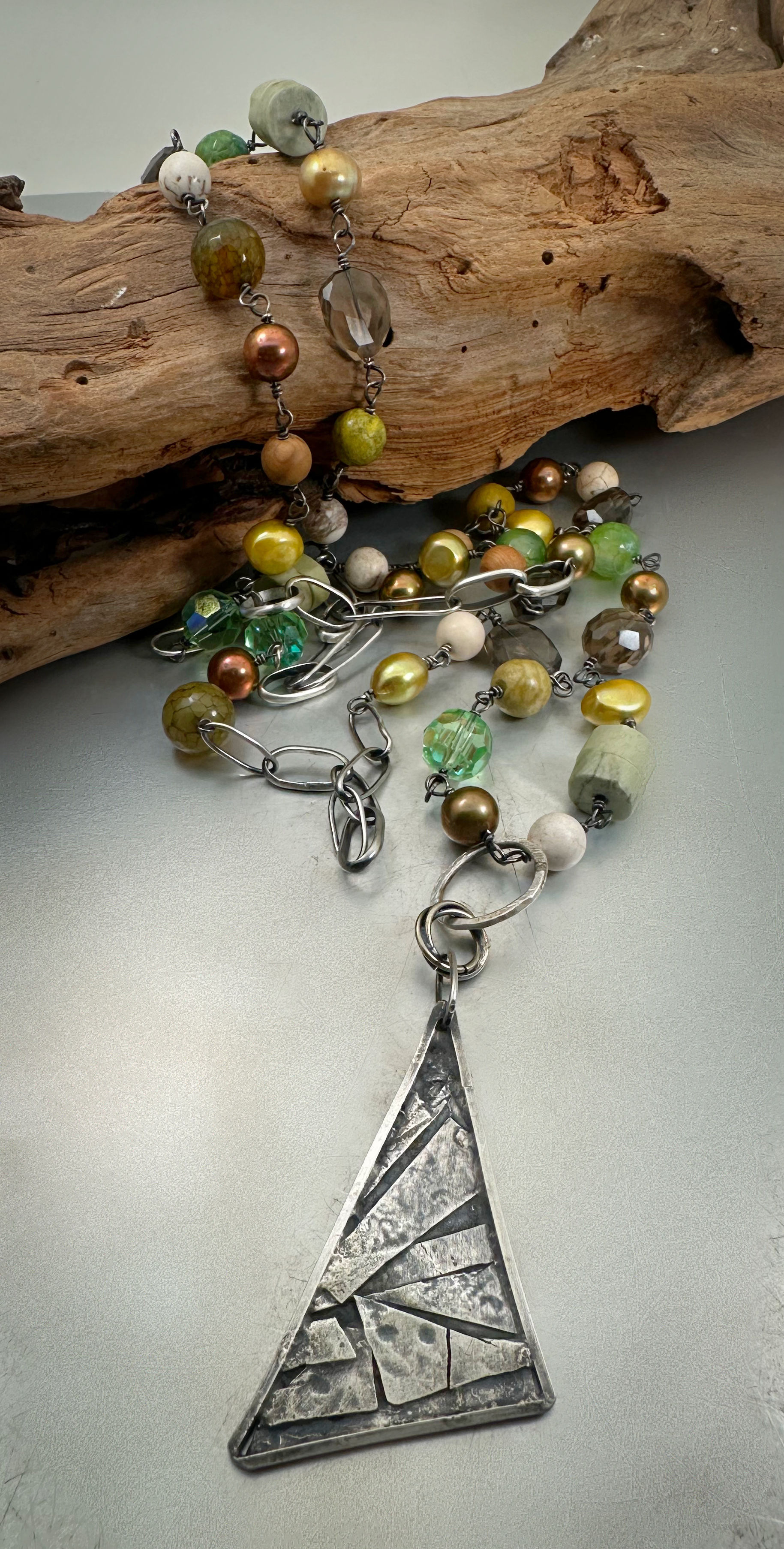 Long sterling chain with all sorts of greens and browns