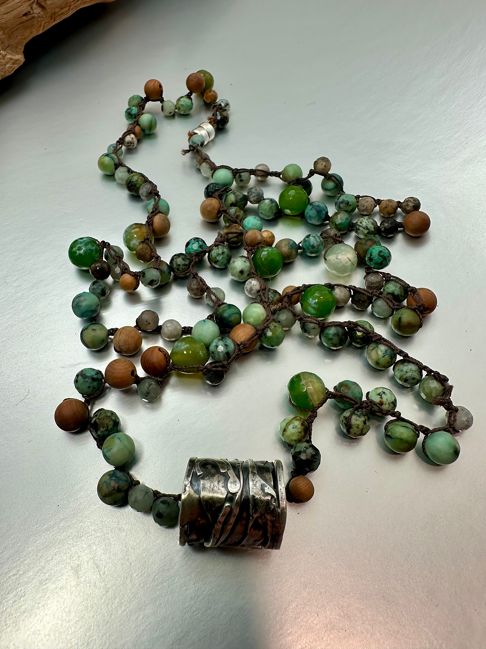 Thumbnail: Natural stone,silk, sterling crochet 41 inch necklace