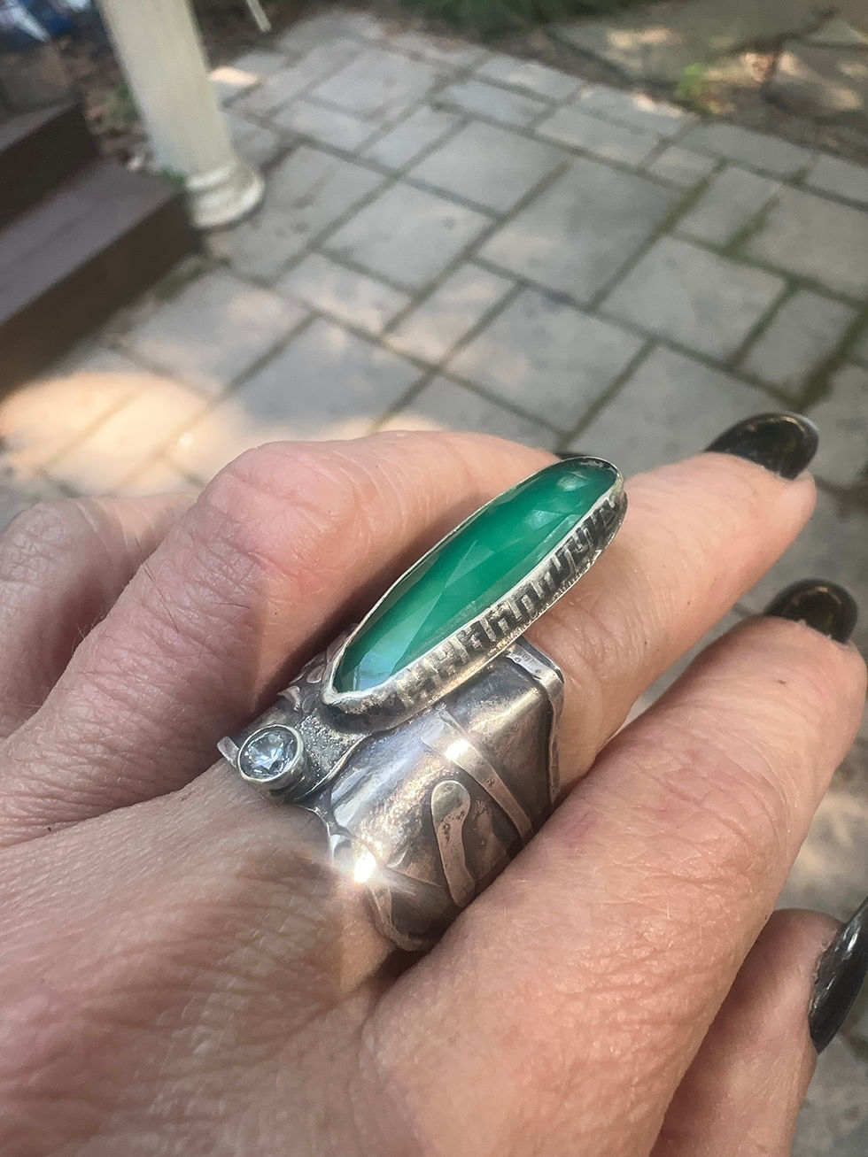 Thumbnail: Green chalcedony with CZ in fine and sterling silver