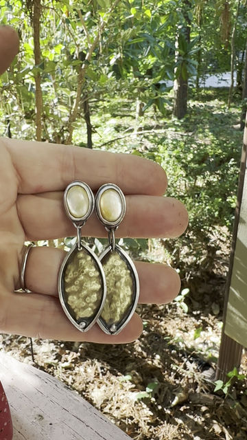 Thumbnail: Mother of Pearl and Sterling Gilded Post and dangle earrings