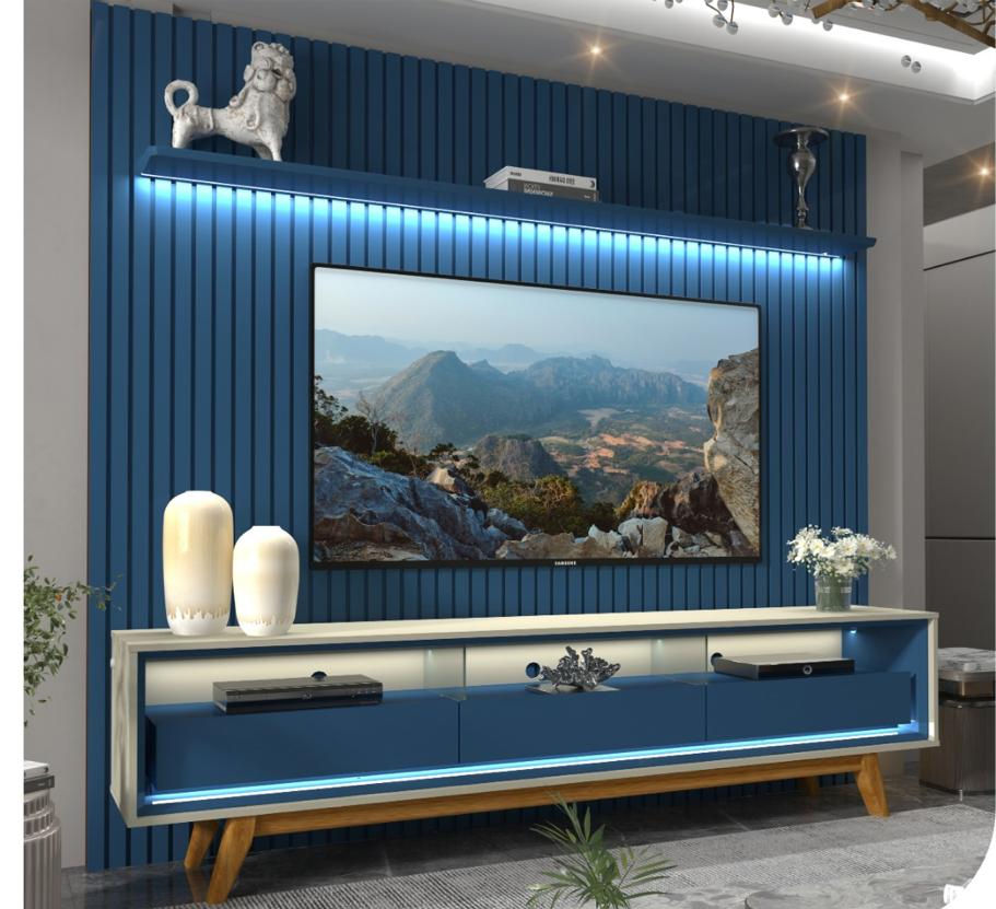 RACK COM PAINEL RIPADO PARA TV ATÉ 85 POLEGADAS LED 3 GAVETAS COM PÉS 230CM NOBR