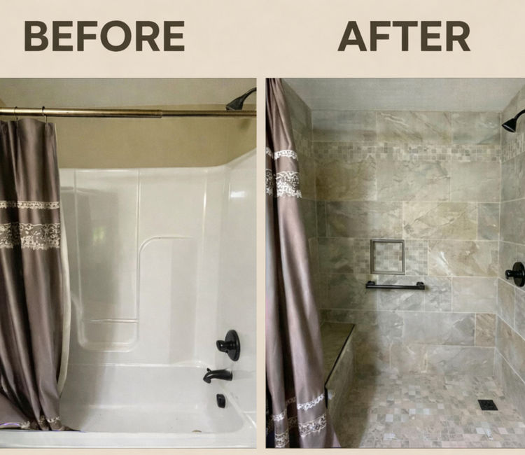 Before and after bathroom remodel in Chattanooga showing tub-to-shower tile conversion transformation