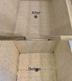 Before and after shower floor replacement showing damaged tile removal and new tile installation by Chattanooga Tile Company in Chattanooga, Tennessee.