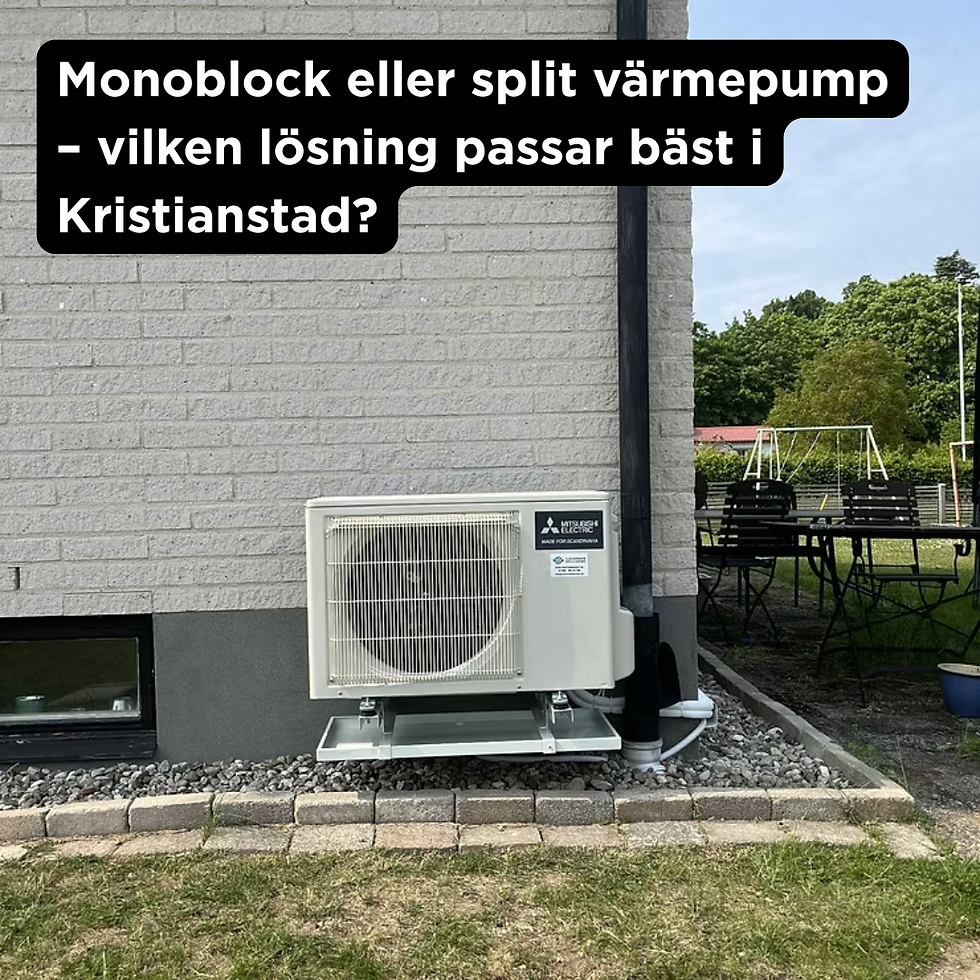 Professionell installation av Mitsubishi Electric luft-vattenvärmepump i Kristianstad. Utomhusdel monterad på markstativ vid villa med korrekt rördragning och säker placering.