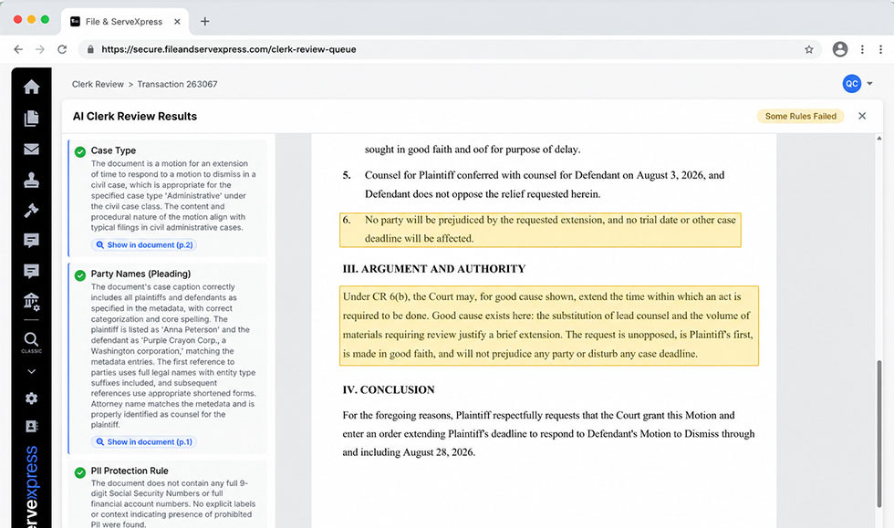 The AI Clerk Review dashboard, showing incoming filings ready for clerk review.