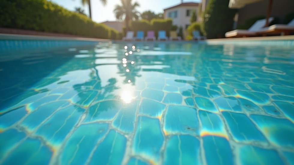 Eye-level view of a swimming pool with iridescent glass mosaic tiles reflecting sunlight