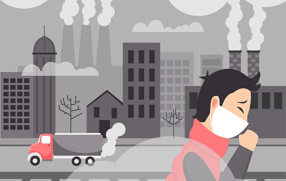 Cold winter air pollution causing breathing issues and increased health risks in urban areas.