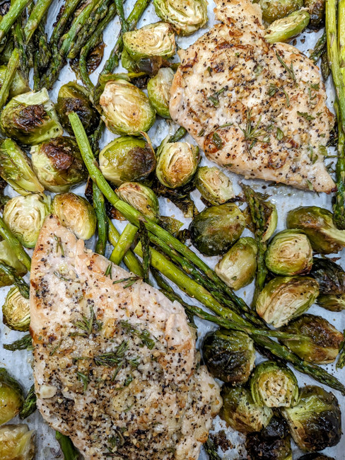Chicken with Brussels Sprouts, Asparagus, and a Lemon-Gravy Sauce - amanda macgregor
