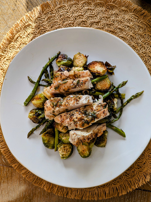 Chicken with Brussels Sprouts, Asparagus, and a Lemon-Gravy Sauce - amanda macgregor