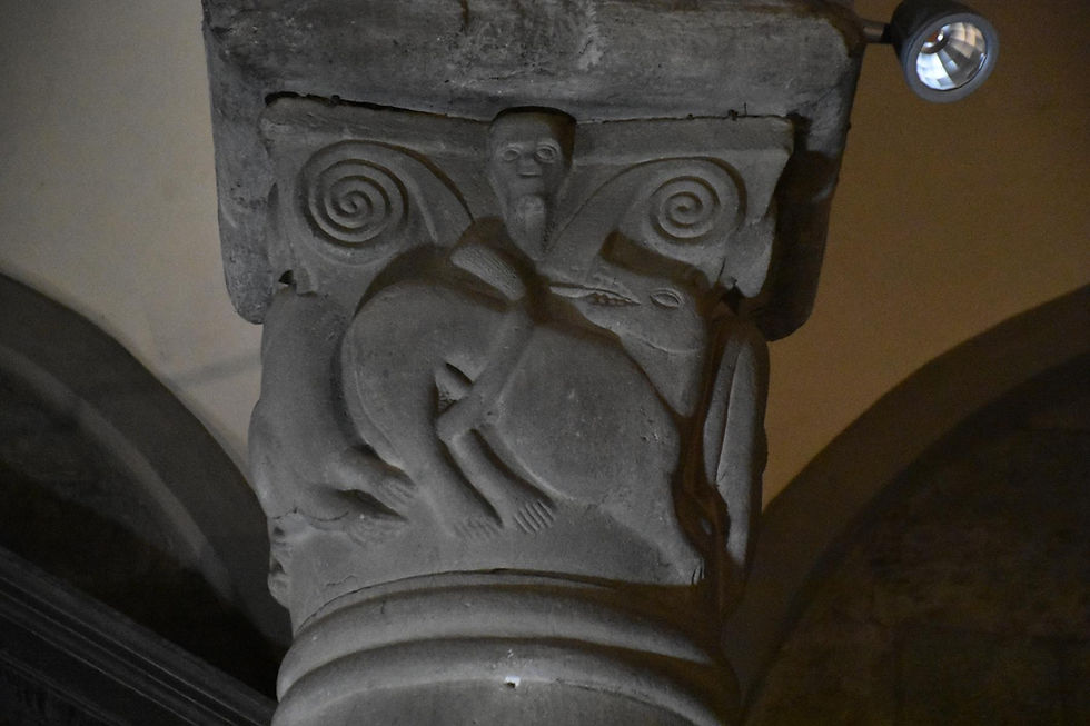 STIA, Pieve di Santa Maria Assunta, capitello della navata maggiore raffigurante un drago tra spirali
