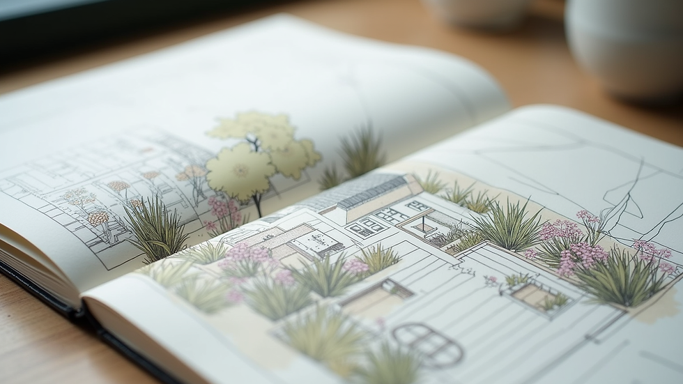 Close-up view of a garden designer’s sketchbook with Surrey garden plans