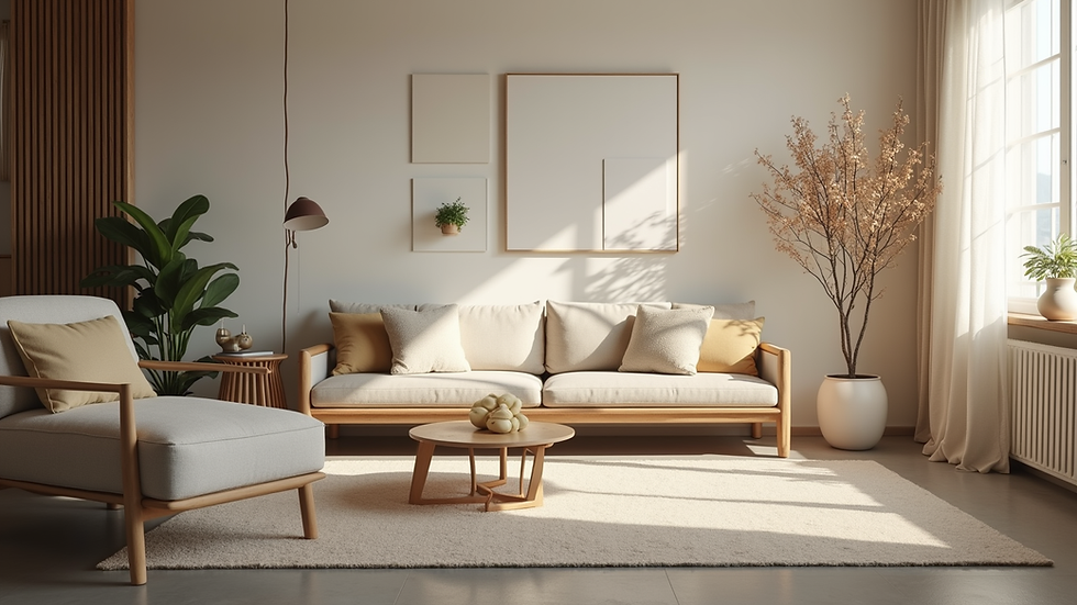 Eye-level view of a serene living space with natural elements