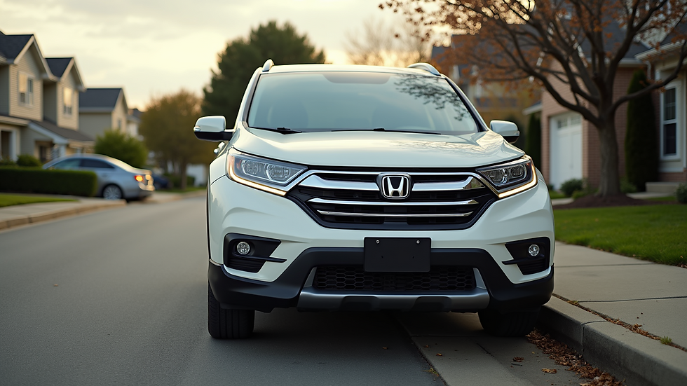 Wide angle view of a Honda CRV parked in a suburban neighborhood