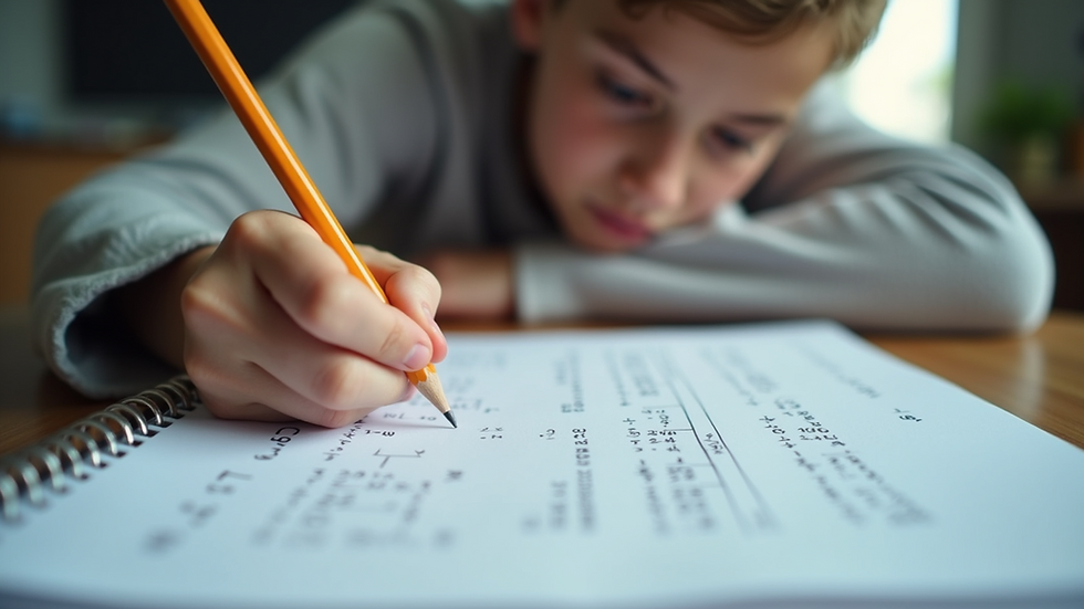 Eye-level view of a student solving math problems on a notebook with a pencil