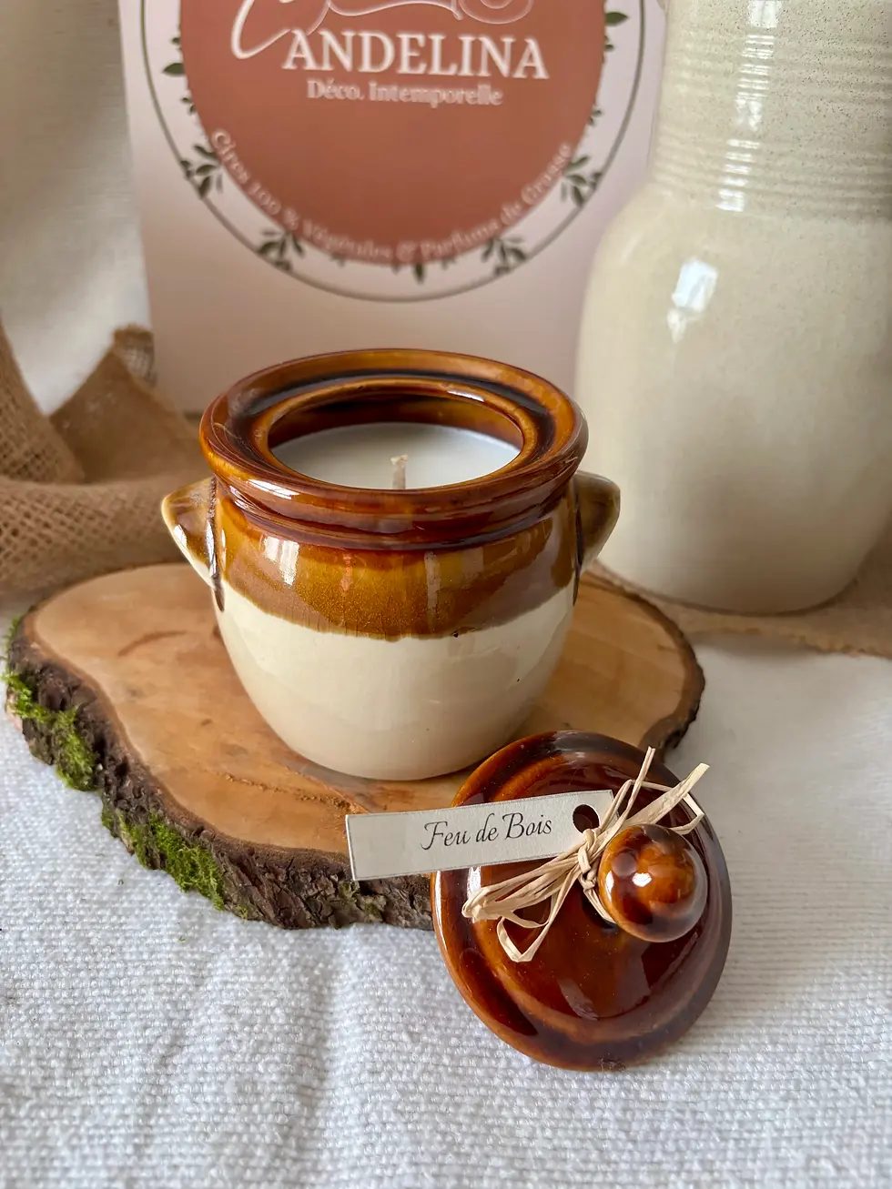 Miniature : Bougie sucrier vintage en grès parfum Feu de Bois