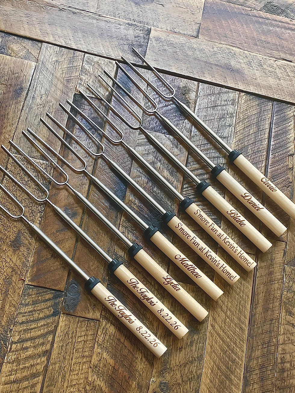 Thumbnail: Custom Engraved S'mores Roasting Stick Set, Personalized Housewarming, Campfire
