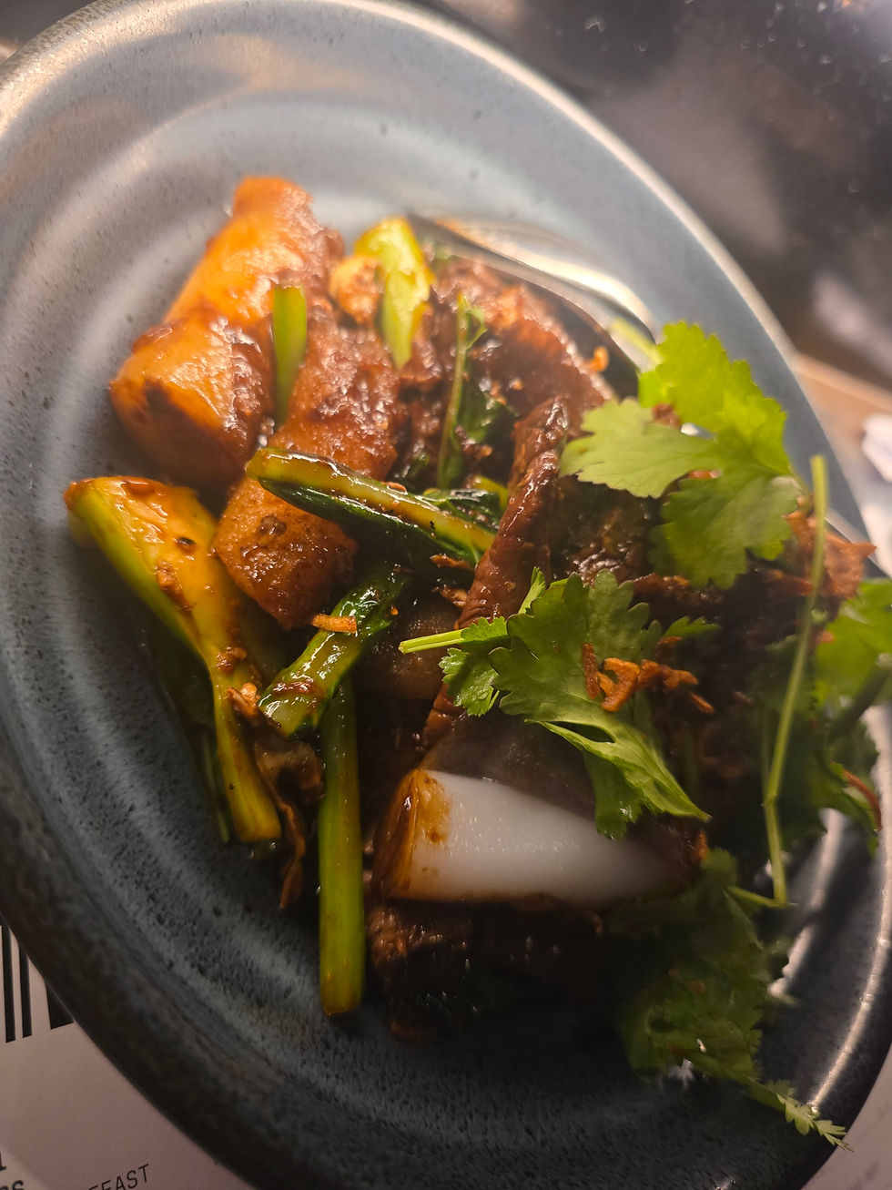 Savory dish with meat, green vegetables, and cilantro