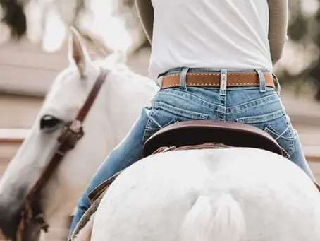 Jinete con pantalones vaqueros montando un caballo.