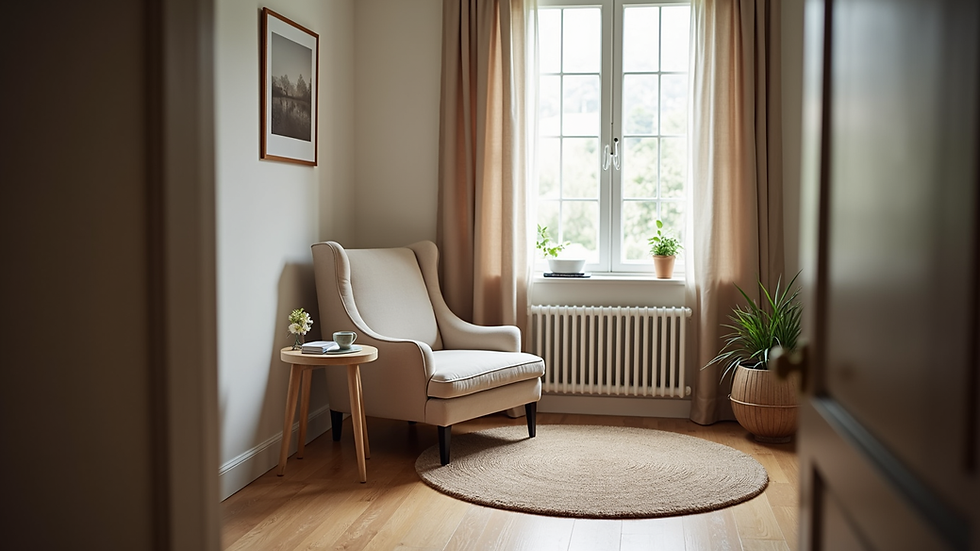 Eye-level view of a cozy living room with a comfortable armchair and a side table