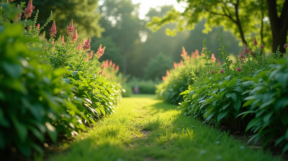 Eye-level view of a lush green garden with a variety of plants