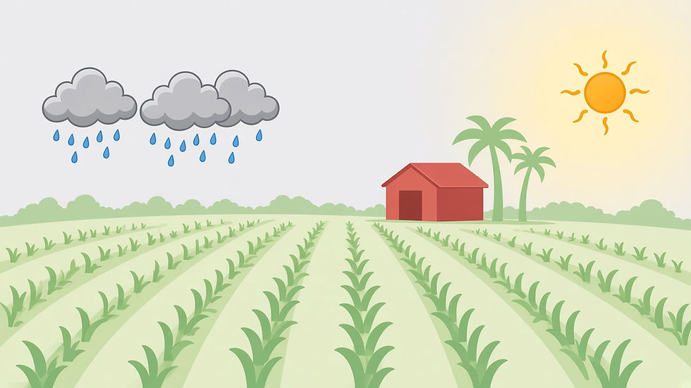 Small Florida vegetable farm under dark incoming rain clouds