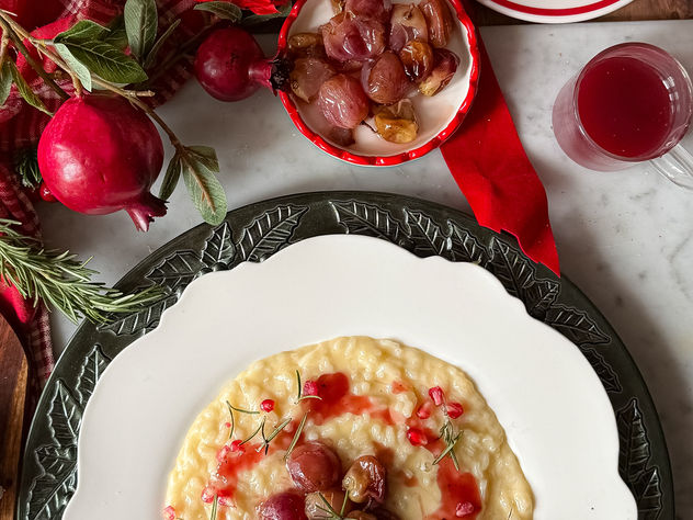 Risotto al Taleggio, Rosmarino e Uva Arrosto con Coulis di Brachetto