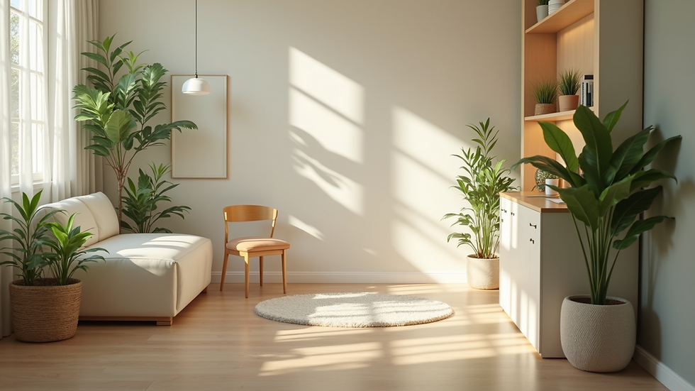 Eye-level view of a cozy natural clinic treatment room with plants and soft lighting