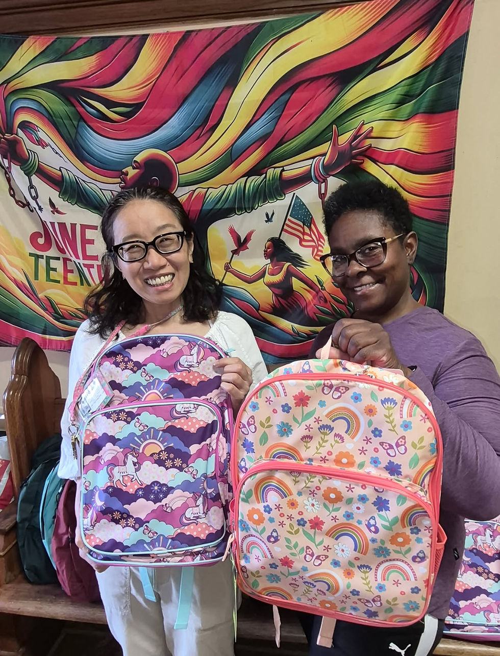 Back to School donations from Trinity United Church of Christ. Pictured left, Tomoyo Akemoto OBM Don