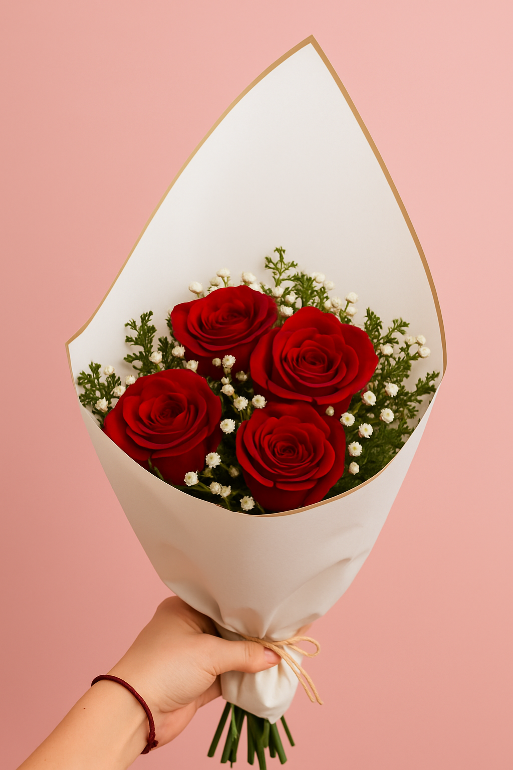 Ramo de 4 Rosas Rojas Premium – Amor Clásico y Elegancia Natural