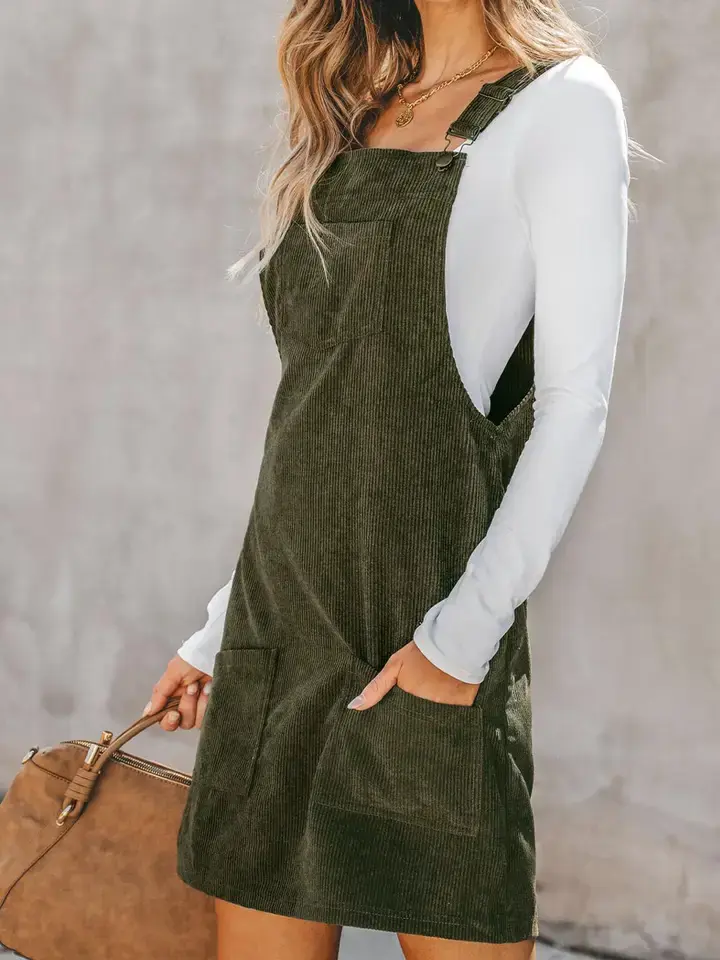 Thumbnail: Solid Front Pockets Sleeveless Corduroy Overall Dress