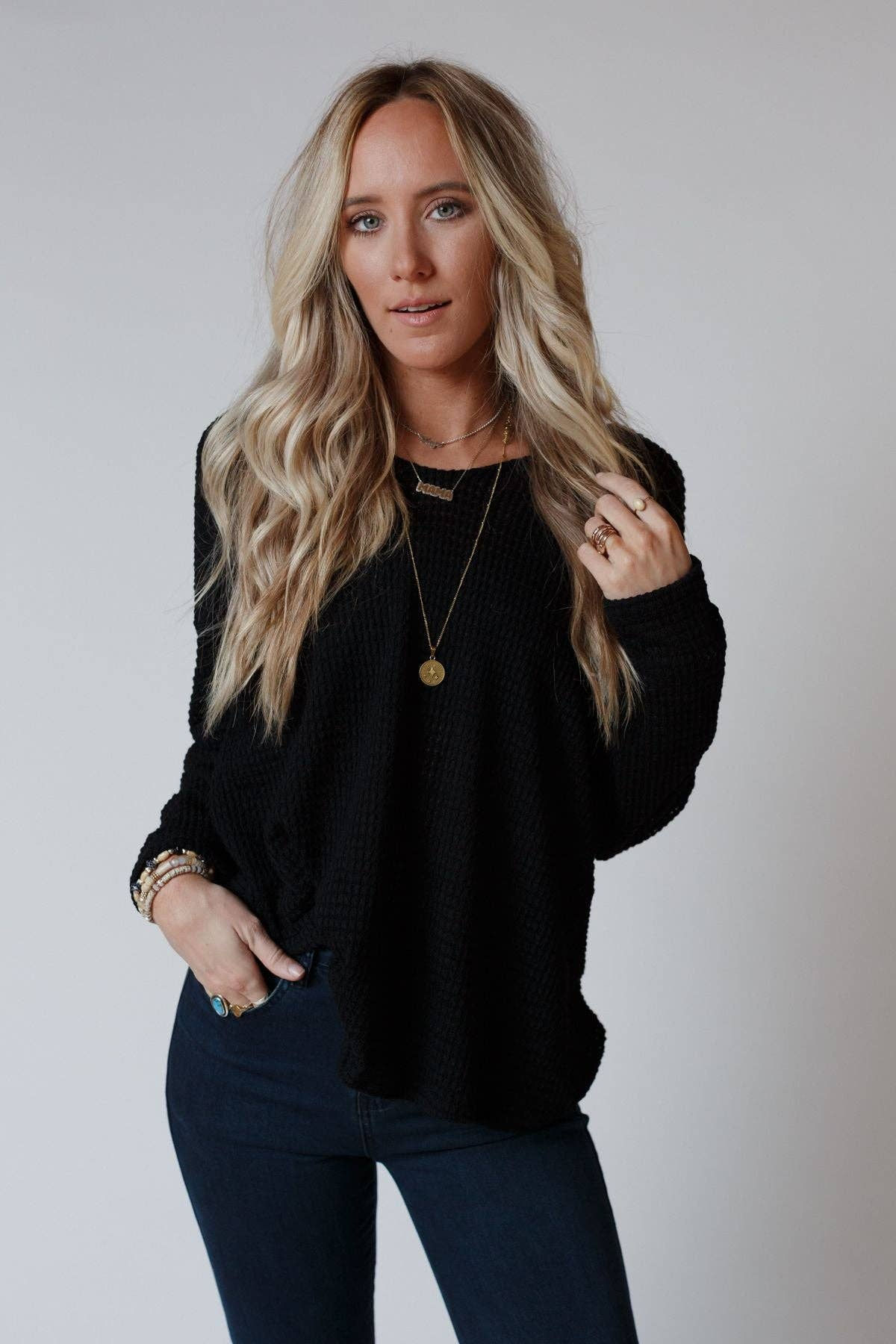 Flattering Open Back Thermal Knit Top - Black (M)