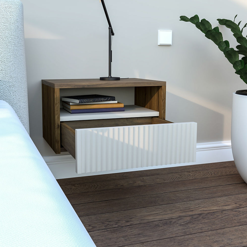 Thumbnail: Chocolate floating & Fluted bedside cabinet set, in Farrow & Ball All White. Made to order by Davies & Foster.